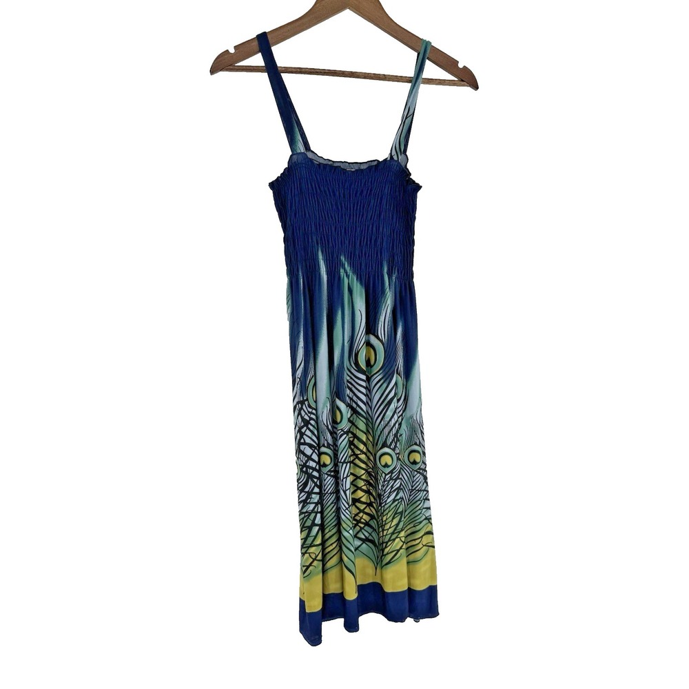 Ace Fashion‎ Mini Dress Blue Peacock Print M beachy boho cover up artsy festival